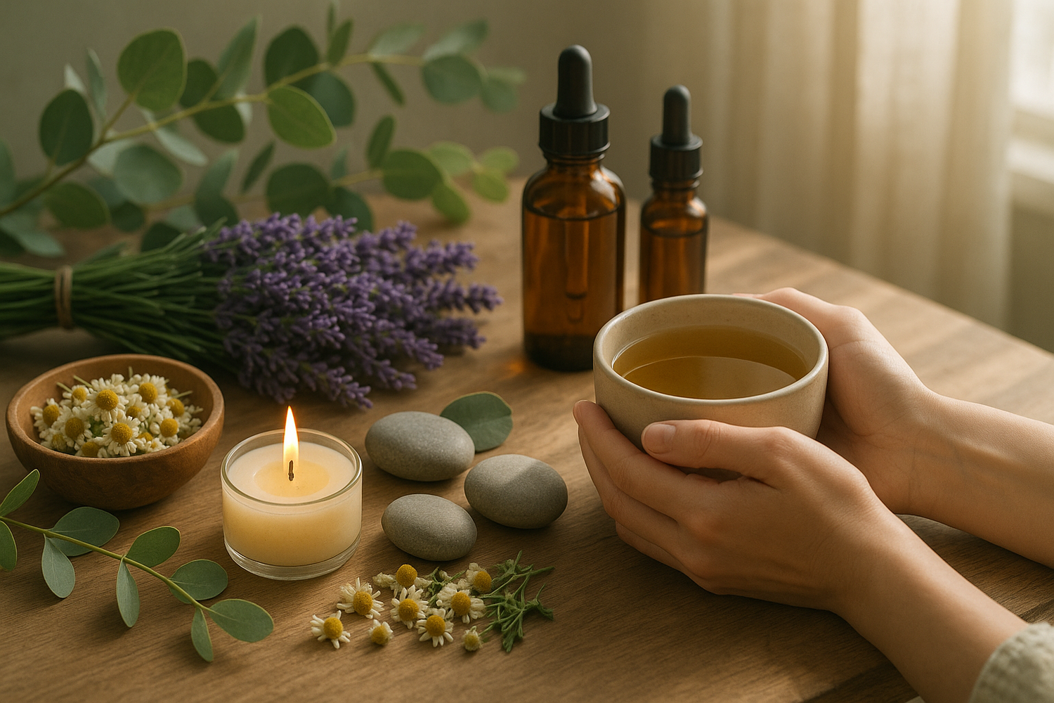 Kratom leaves and powder on a wooden surface with a cup of kratom tea, representing its use as a natural remedy for pain and anxiety