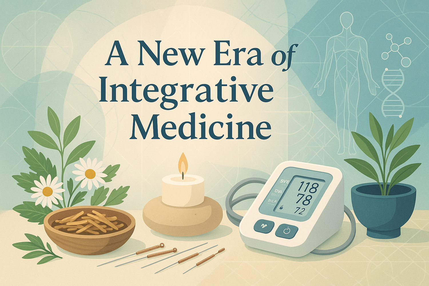 A combination of fresh herbs, herbal teas, and modern medical tools like stethoscope and pills on a wooden surface, representing the new era of integrative medicine