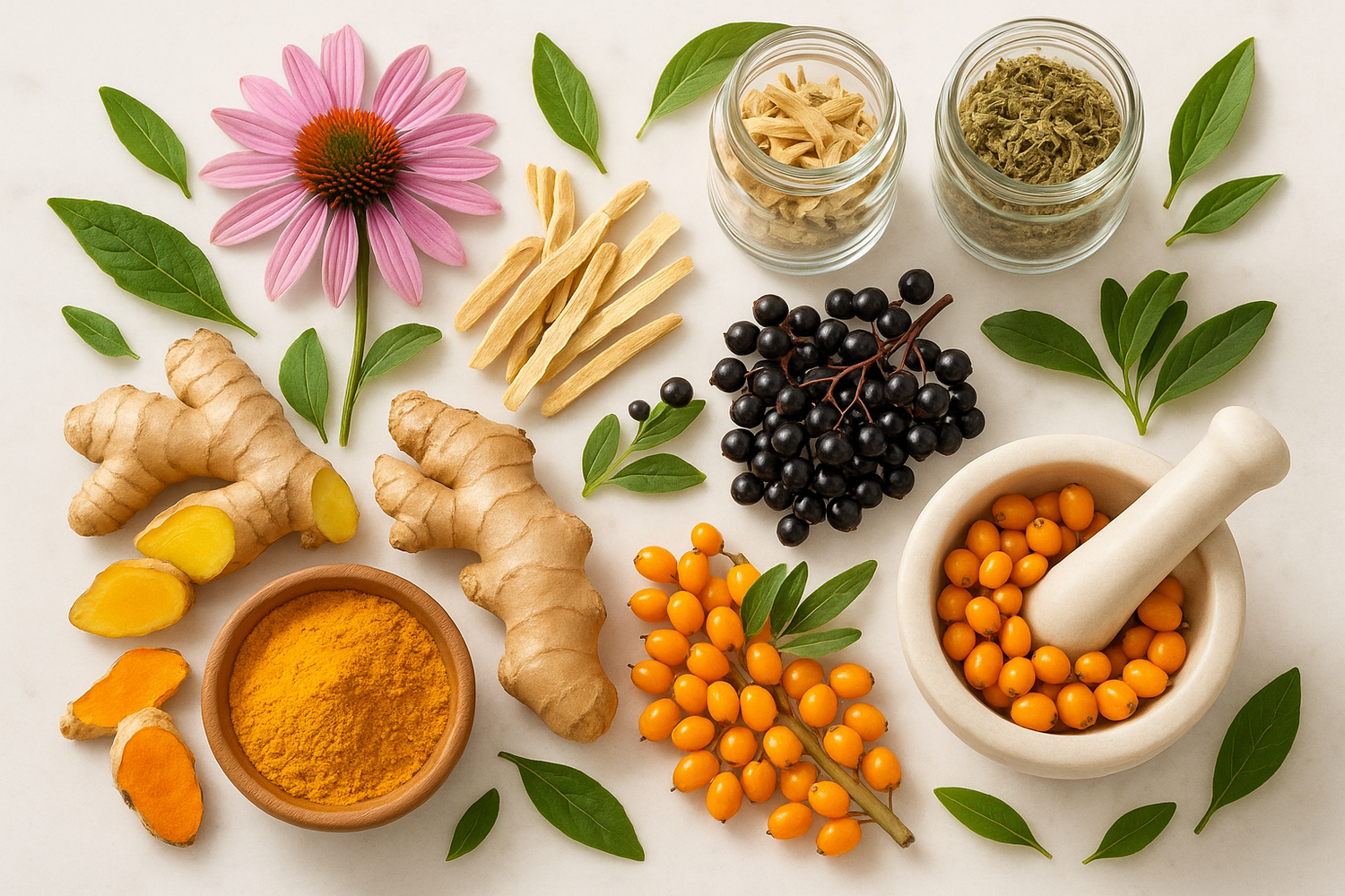 A selection of herbs, roots, and herbal teas arranged on a wooden surface, representing natural ingredients known for boosting immunity