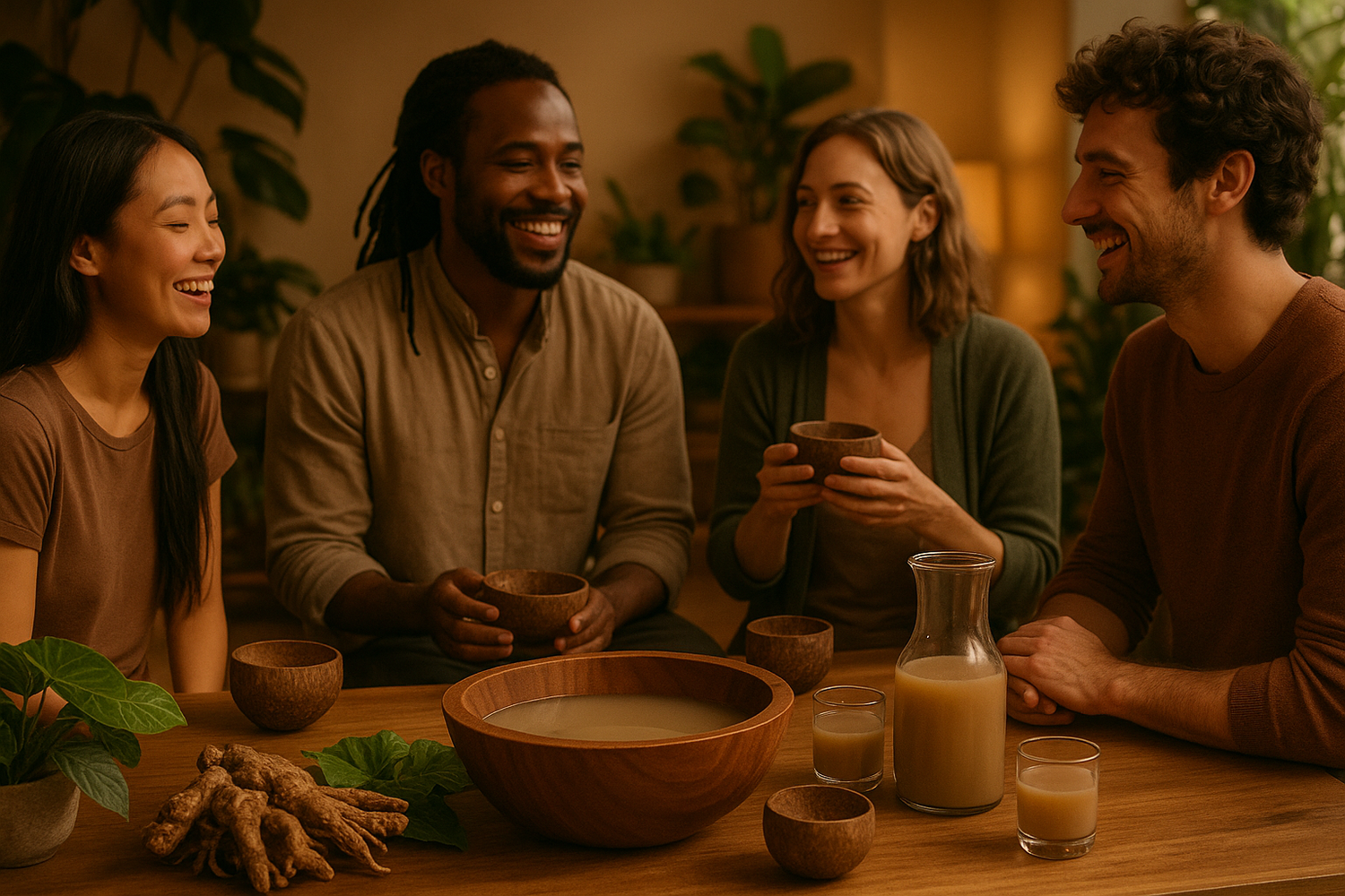 Can Kava replace alcohol? Illustration of kava as a mindful social alternative for relaxation and connection