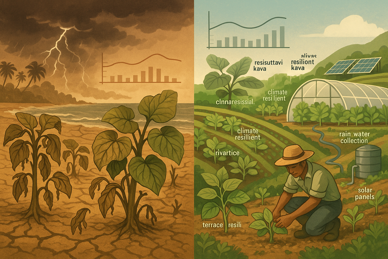 Kava plants growing in a tropical field under varying weather conditions, representing the challenges of climate change and sustainable strategies for future kava cultivation.