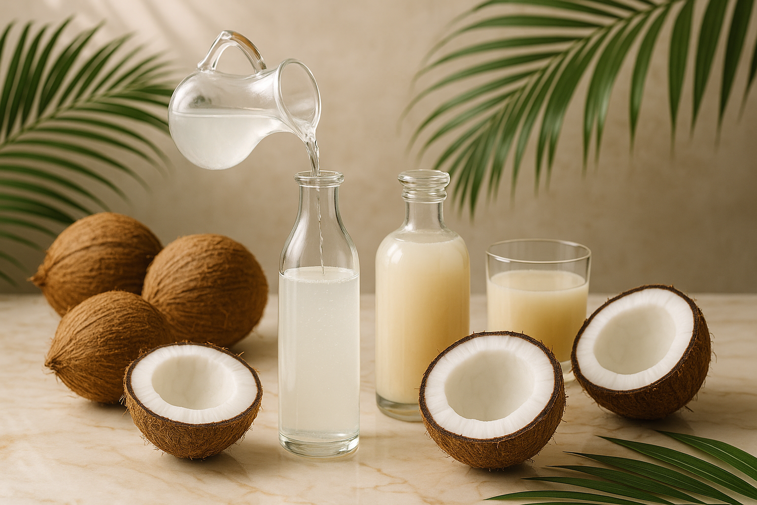 Whole coconuts and coconut halves on a wooden surface, symbolizing their use as a tropical ingredient in wellness elixirs.