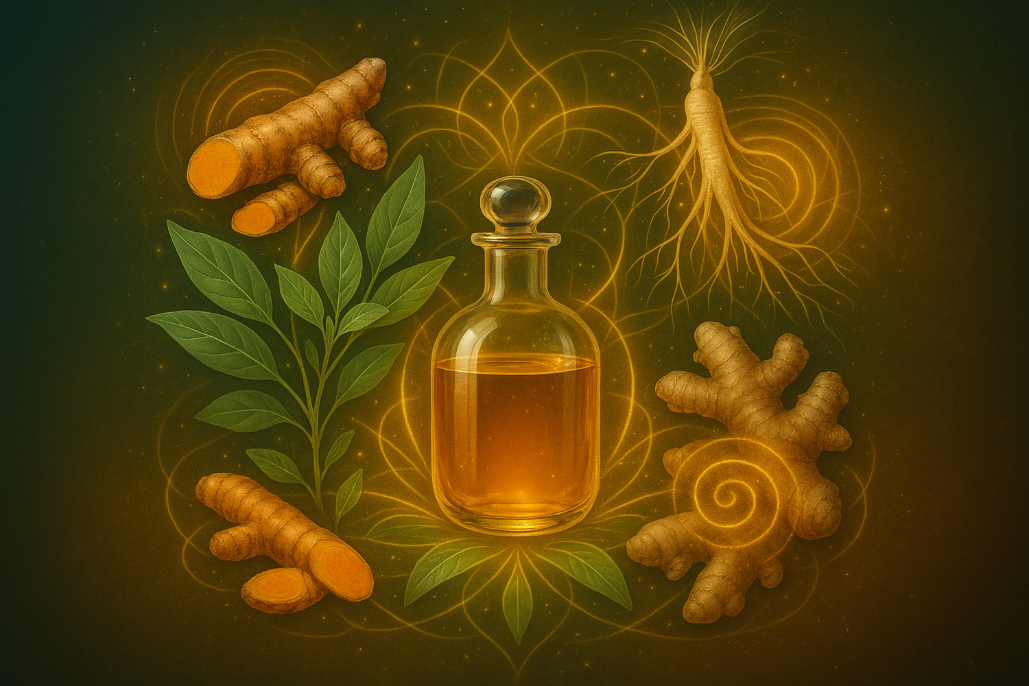 A cup of Goldenglow Elixir surrounded by various botanical ingredients on a wooden surface, illustrating the synergistic effects of the combined herbs.