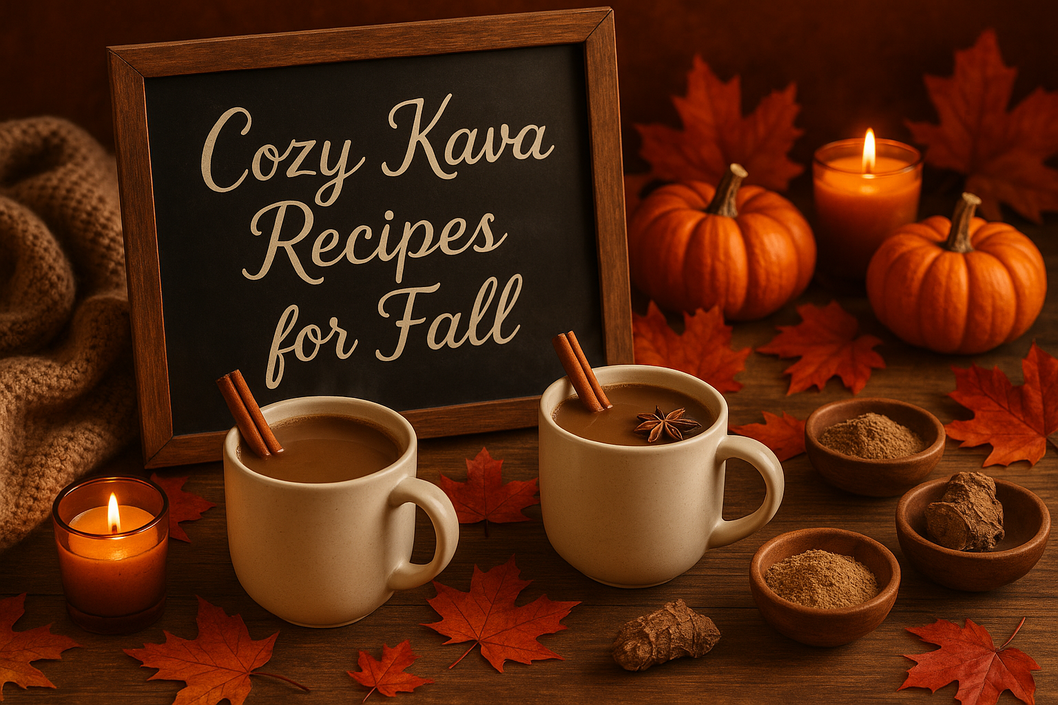 A warm cup of kava tea surrounded by autumn leaves and kava roots, representing cozy fall-inspired kava recipes and seasonal enjoyment.