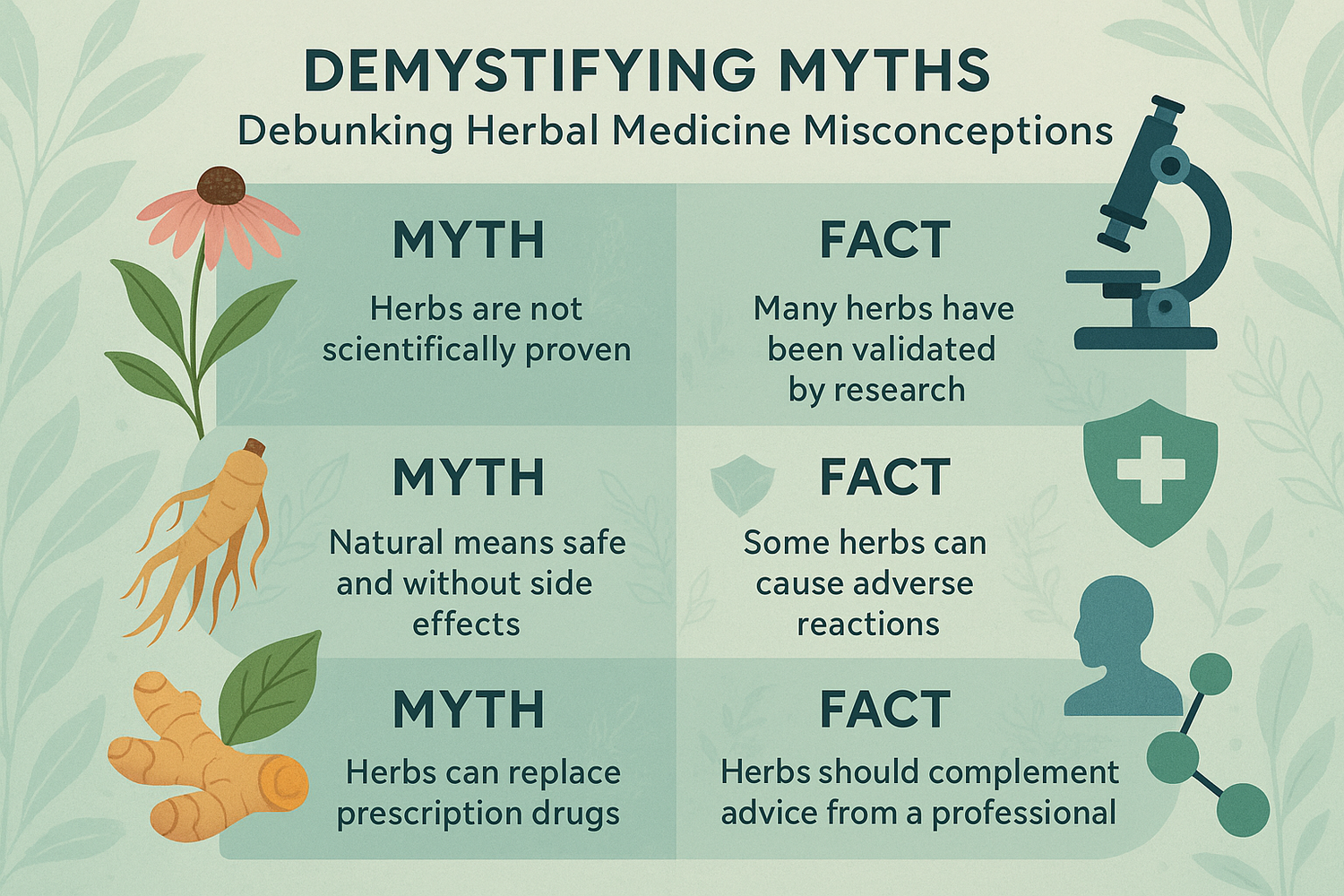 A variety of herbs, powders, and herbal teas on a wooden surface with question marks, representing the process of debunking common misconceptions about herbal medicine