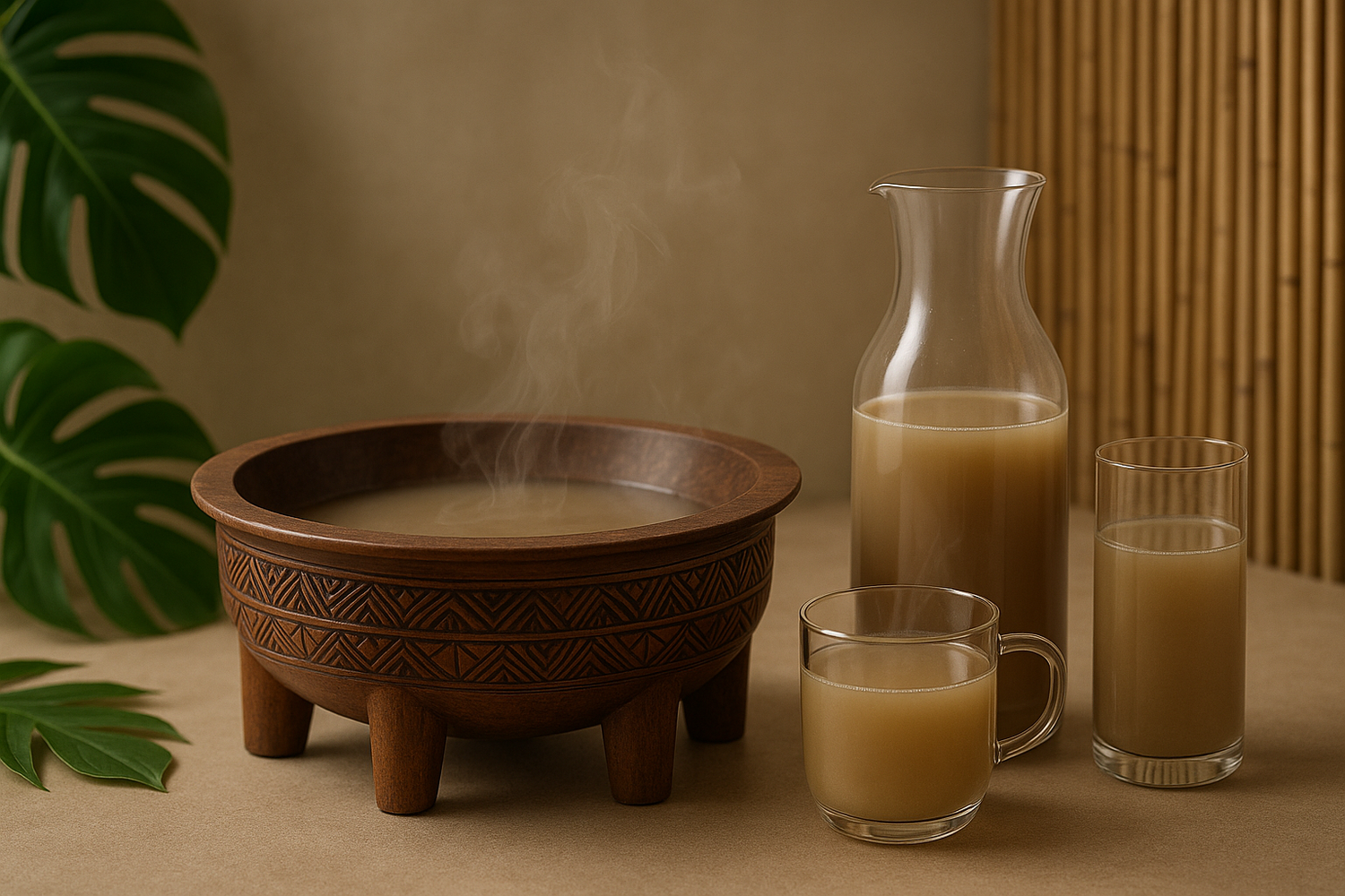 A cup of kava tea with kava roots and tropical leaves in the background, symbolizing the blend of traditional kava practices with modern relaxation.