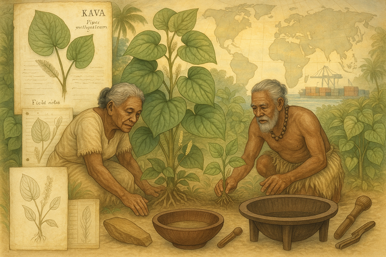 Kava roots, leaves, and a prepared cup of kava on a wooden surface, highlighting traditional ethnobotanical knowledge and its preservation in the modern global market.