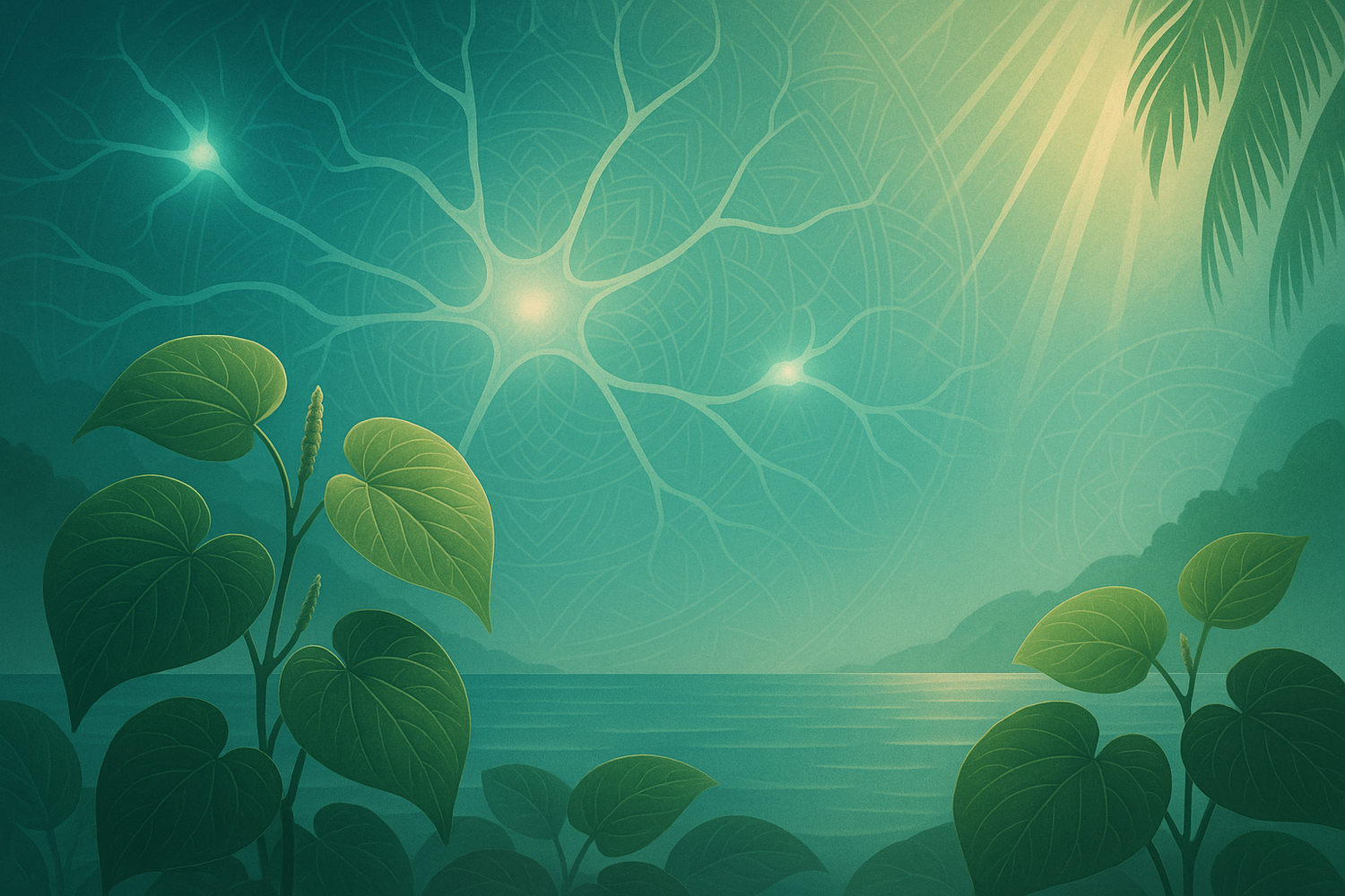 A cup of kava tea with kava roots on a desk surrounded by notebooks and a laptop, symbolizing kava’s potential role in enhancing focus, mental clarity, and cognitive performance.