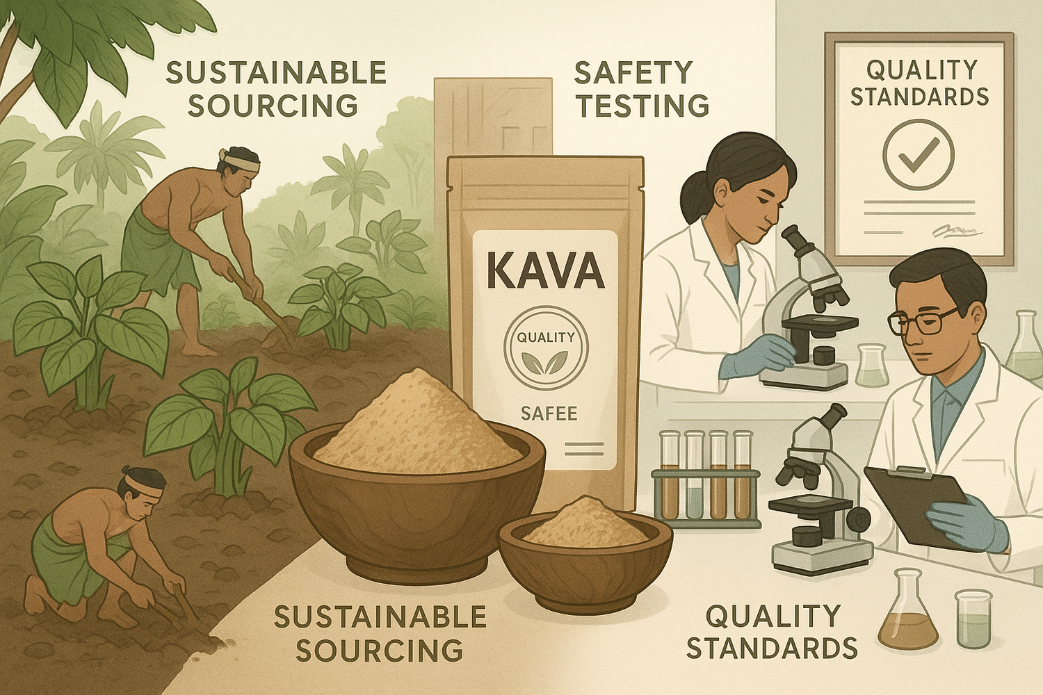 Kava roots, powder, and a cup of prepared kava on a wooden surface, emphasizing quality standards, safety, and sustainable sourcing practices.