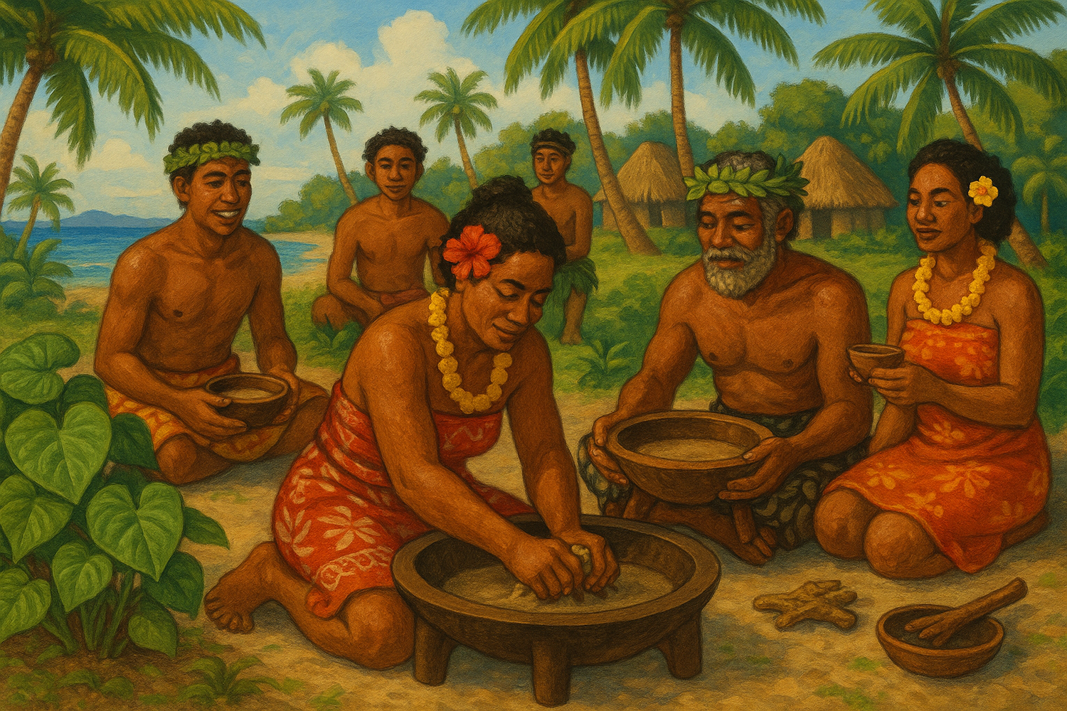 Fresh Sakau (Micronesian Kava) roots and a prepared cup of Sakau on a wooden surface, highlighting its cultural significance and distinction from other kava varieties.