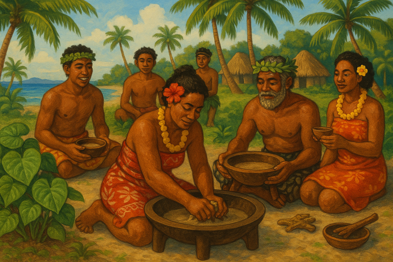 Fresh Sakau (Micronesian Kava) roots and a prepared cup of Sakau on a wooden surface, highlighting its cultural significance and distinction from other kava varieties.