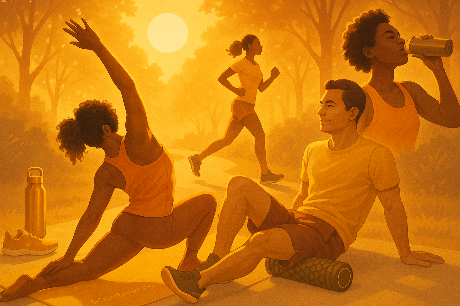 A cup of Goldenglow Elixir on a wooden surface next to fitness equipment, representing its role in supporting active lifestyles and post-workout recovery.