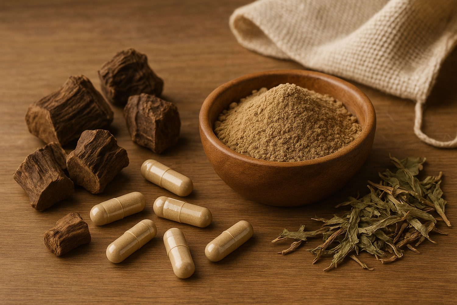 Different forms of kava, including root, powder, and prepared kava drink, displayed on a wooden surface, representing the most effective forms for consumption.