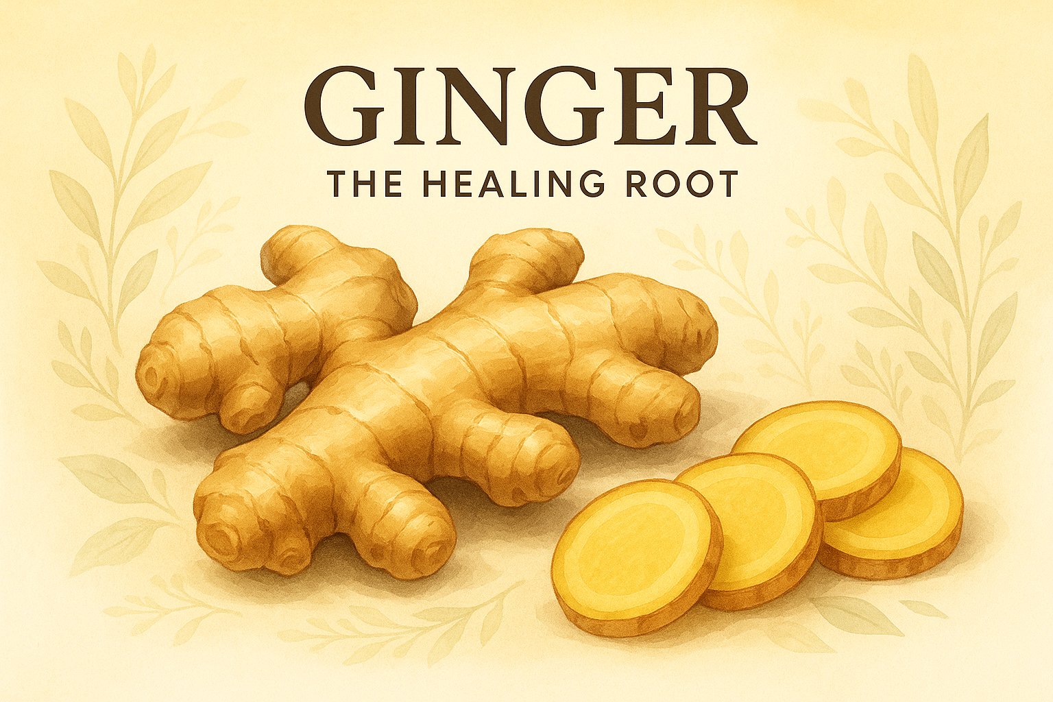 Fresh ginger root with slices on a rustic surface, representing its powerful healing properties and health benefits