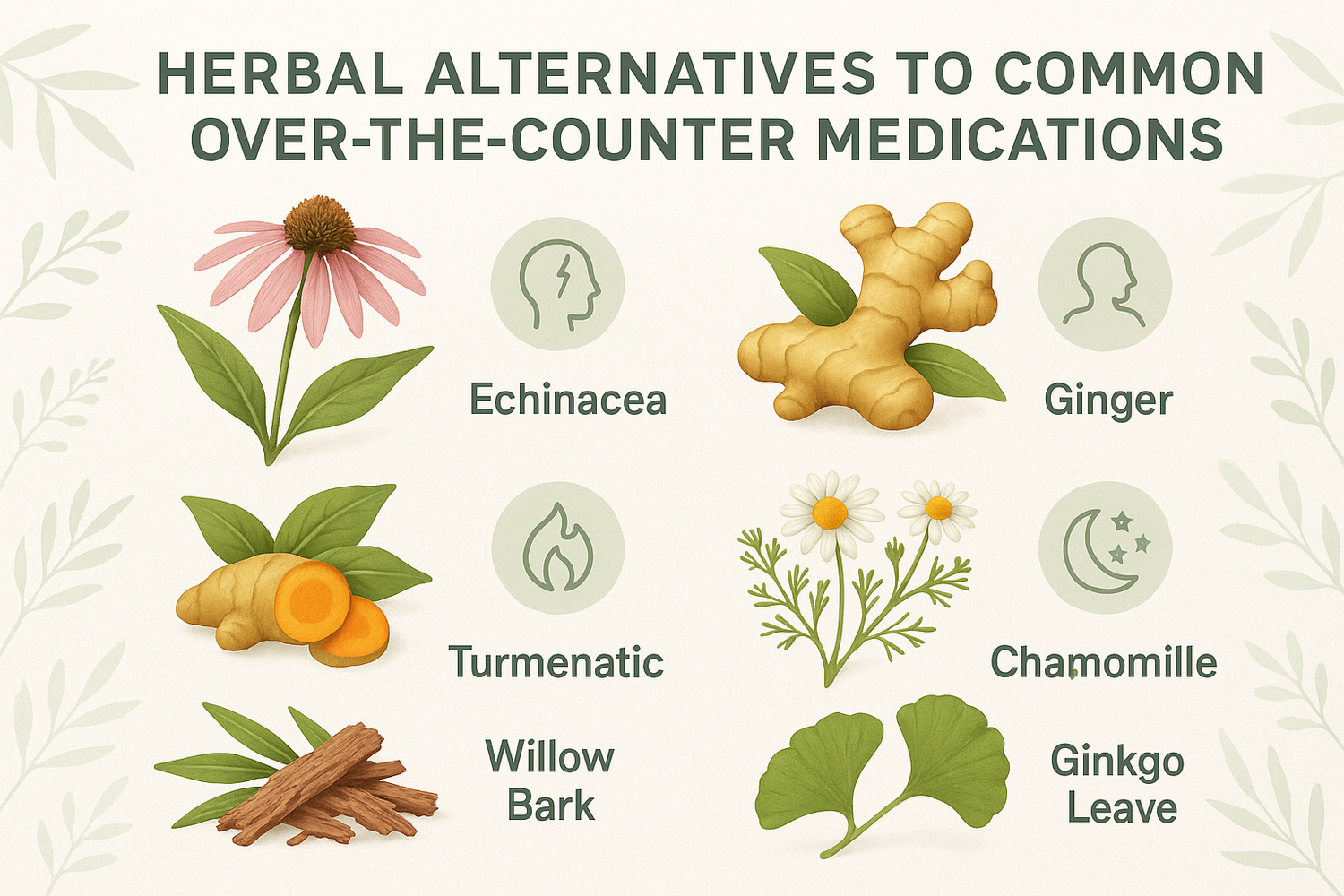 A variety of herbal remedies in capsules, powders, and teas arranged on a wooden surface, representing natural alternatives to common over-the-counter medications