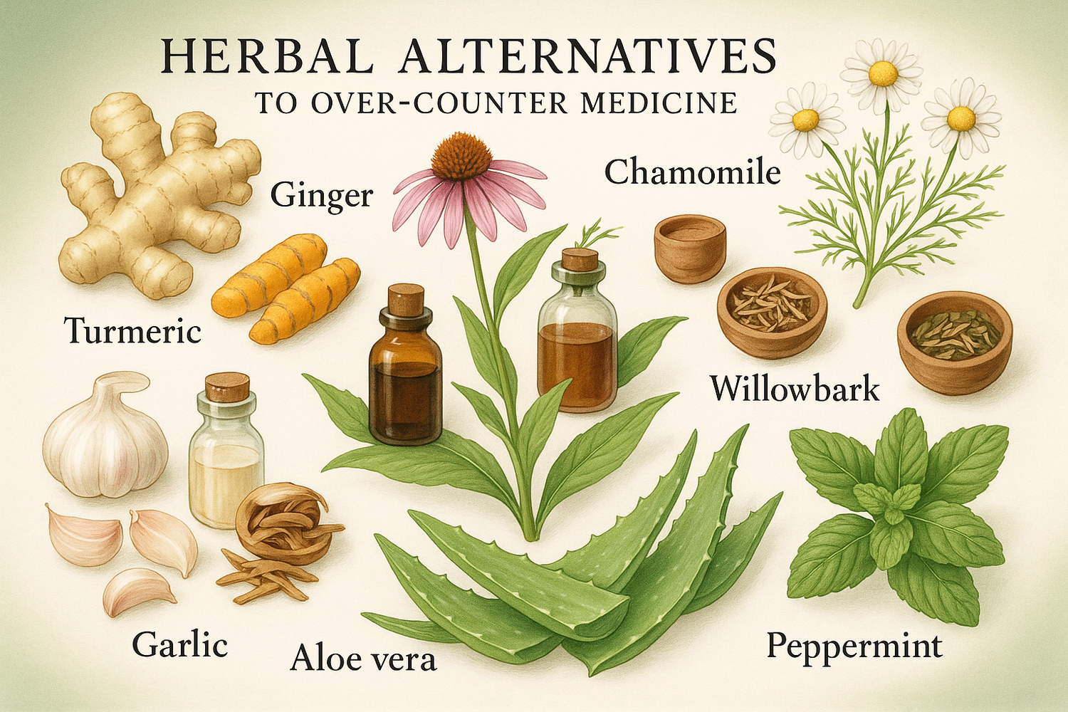 A variety of herbs, powders, and herbal teas displayed on a wooden surface, representing natural alternatives to common over-the-counter medicines