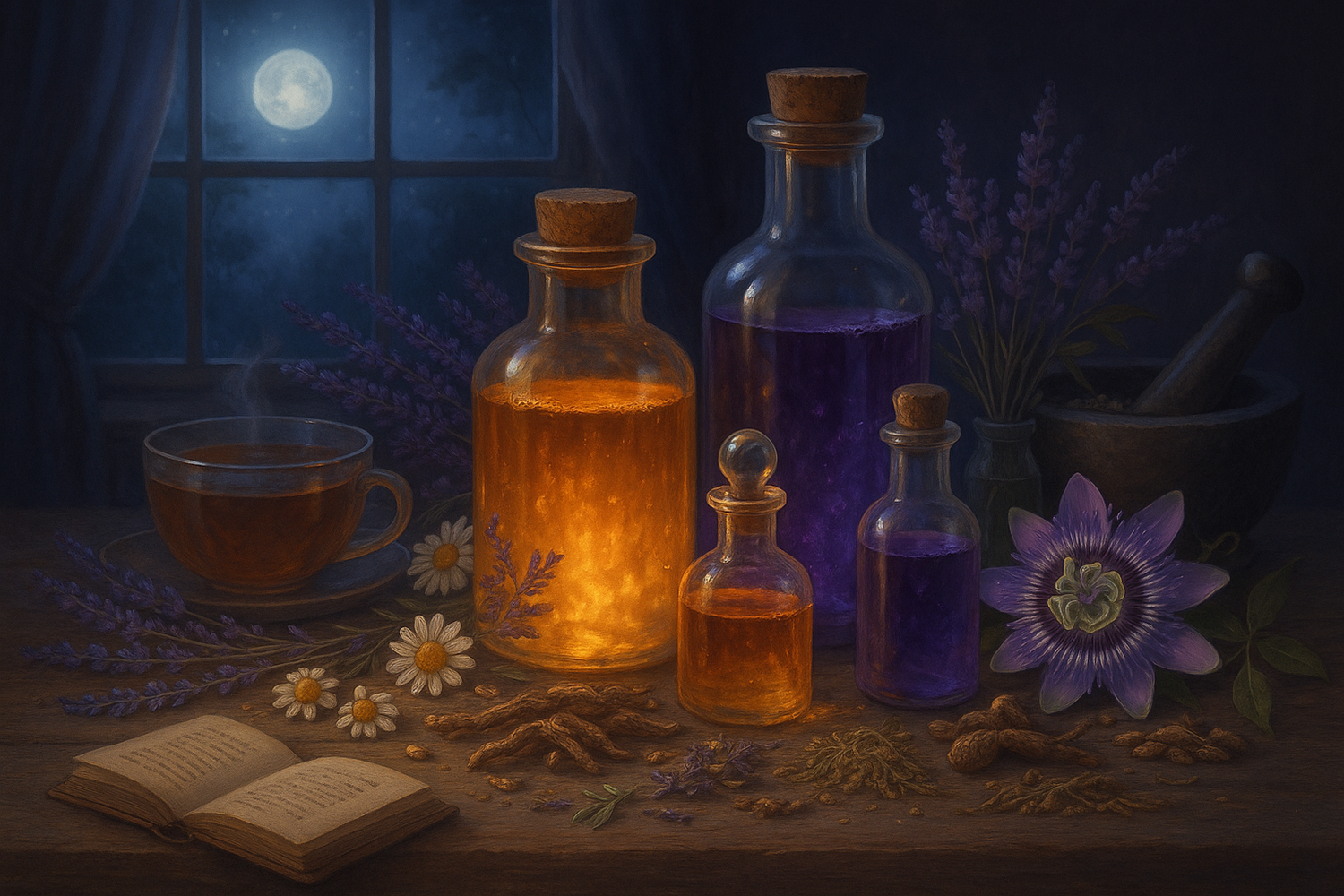 A cup of herbal elixir on a bedside table with calming herbs like chamomile and lavender, representing natural methods for promoting restful sleep.