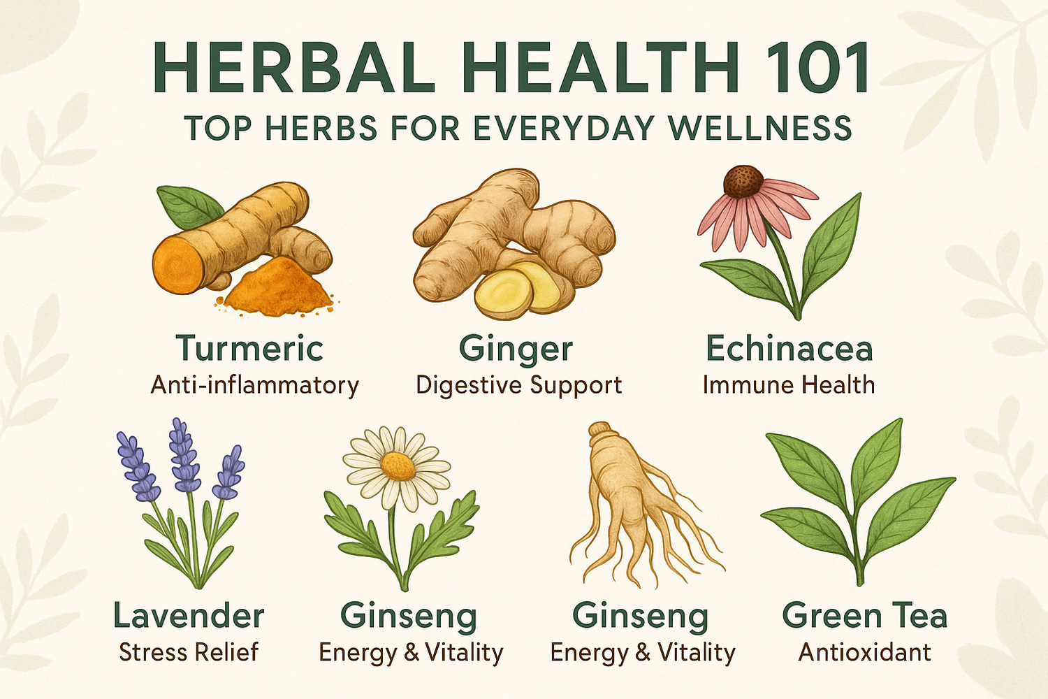 A variety of fresh herbs, powders, and herbal teas arranged on a wooden surface, representing top herbs for everyday wellness