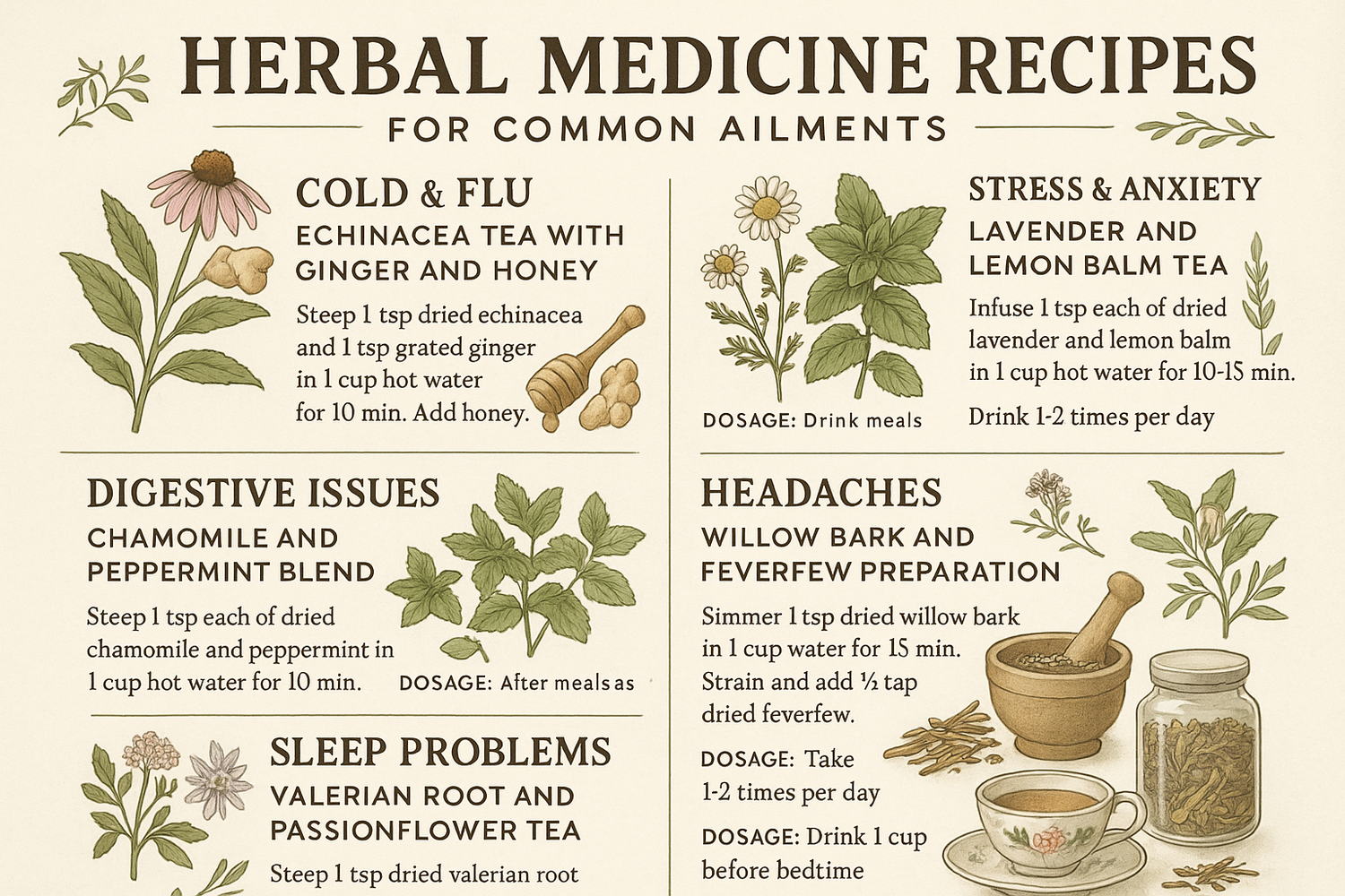 A selection of herbs, powders, and herbal teas arranged on a wooden surface, representing herbal medicine recipes for treating common ailments