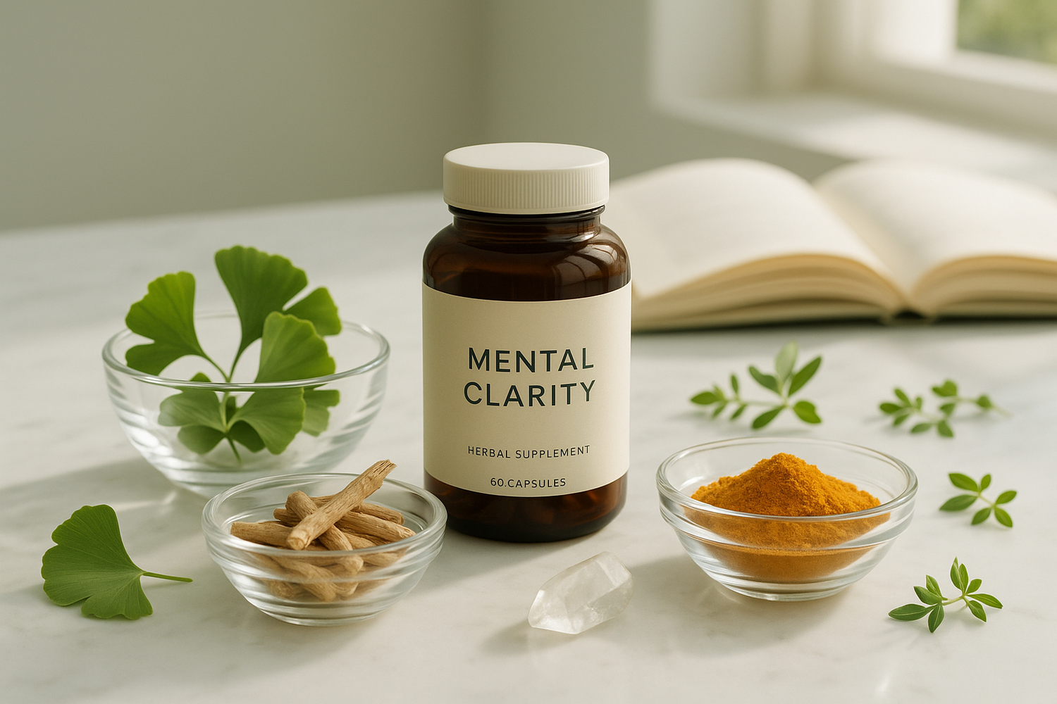 A cup of herbal tea surrounded by fresh herbs and a notebook on a wooden surface, representing the use of herbal supplements to support mental