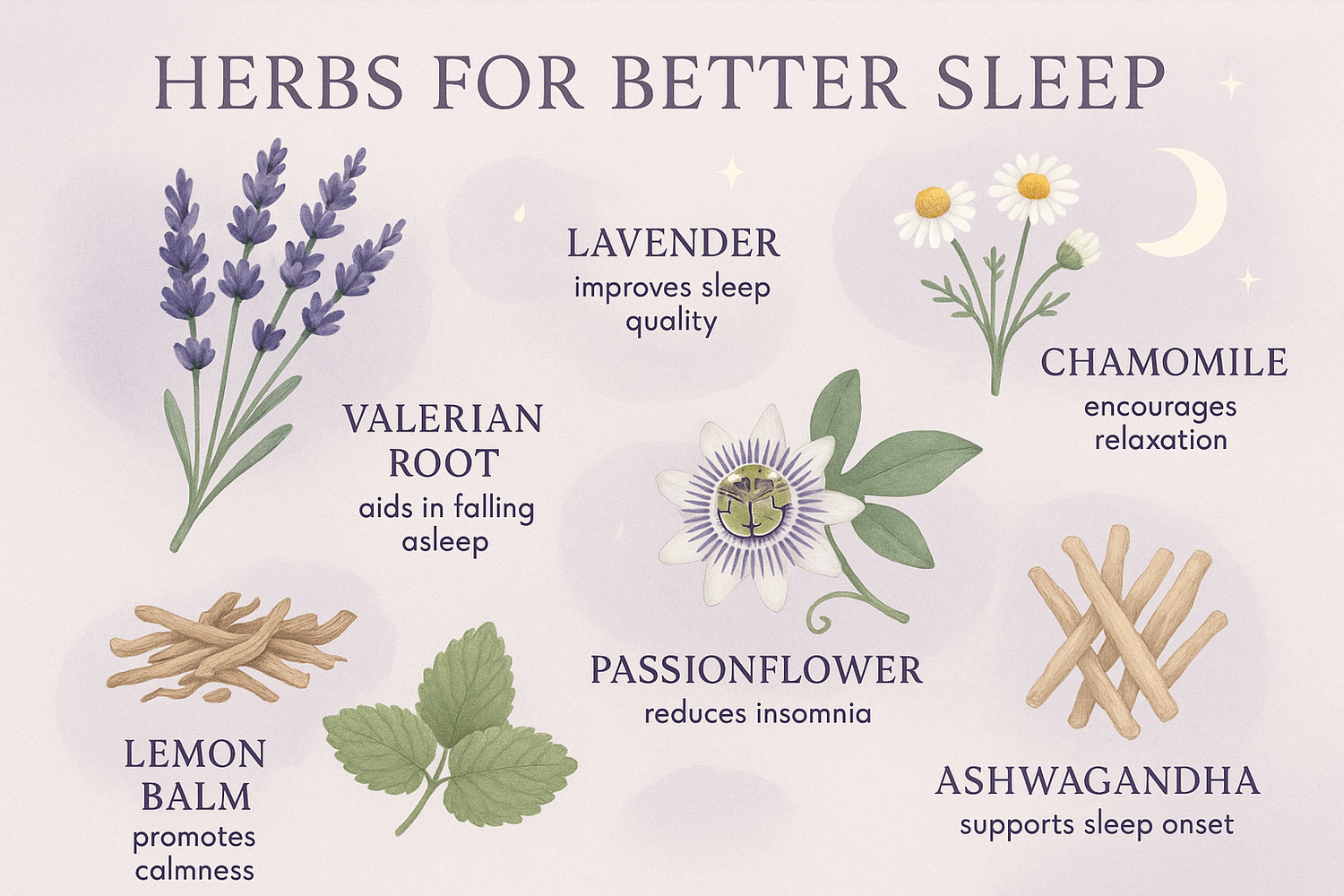A variety of calming herbs, such as chamomile, lavender, and valerian, arranged on a wooden surface, representing natural remedies for better sleep.