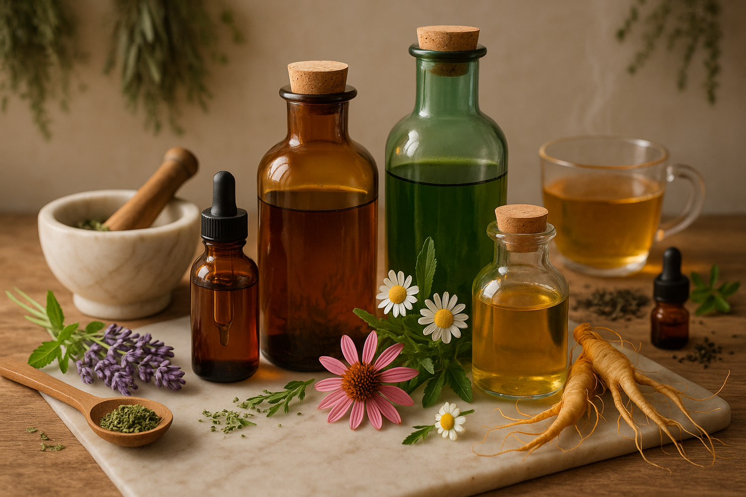 A variety of herbal elixirs in cups and bottles arranged on a wooden surface with fresh herbs, representing their role in holistic wellness and daily health.