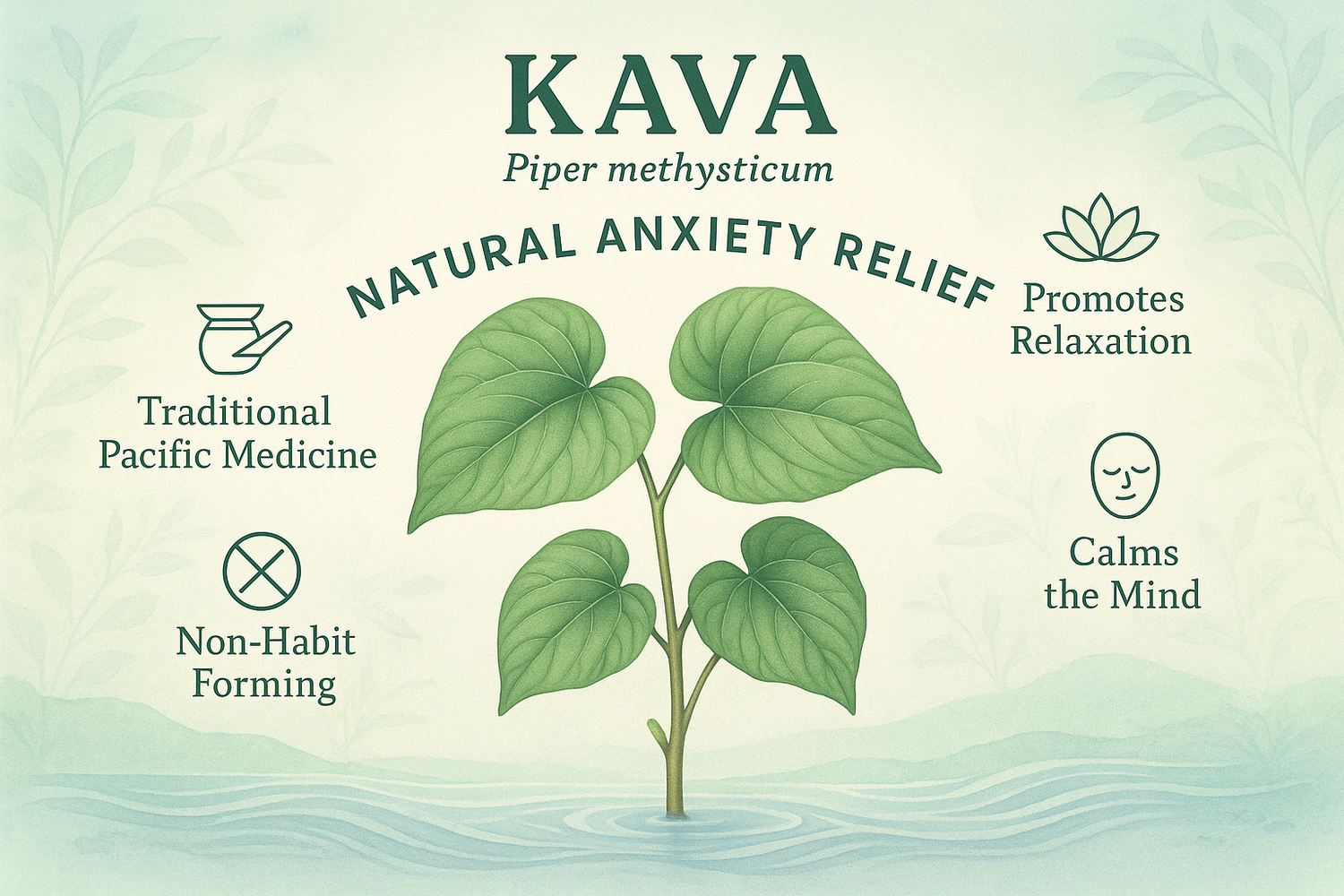 A cup of kava tea with kava roots and leaves on a wooden surface, symbolizing natural anxiety relief through kava consumption.