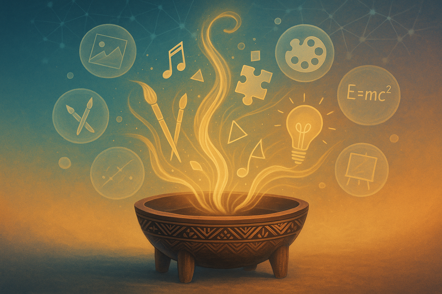 A cup of kava tea with kava roots on a desk surrounded by notebooks and creative tools, representing kava’s potential impact on creativity, imagination, and problem-solving.