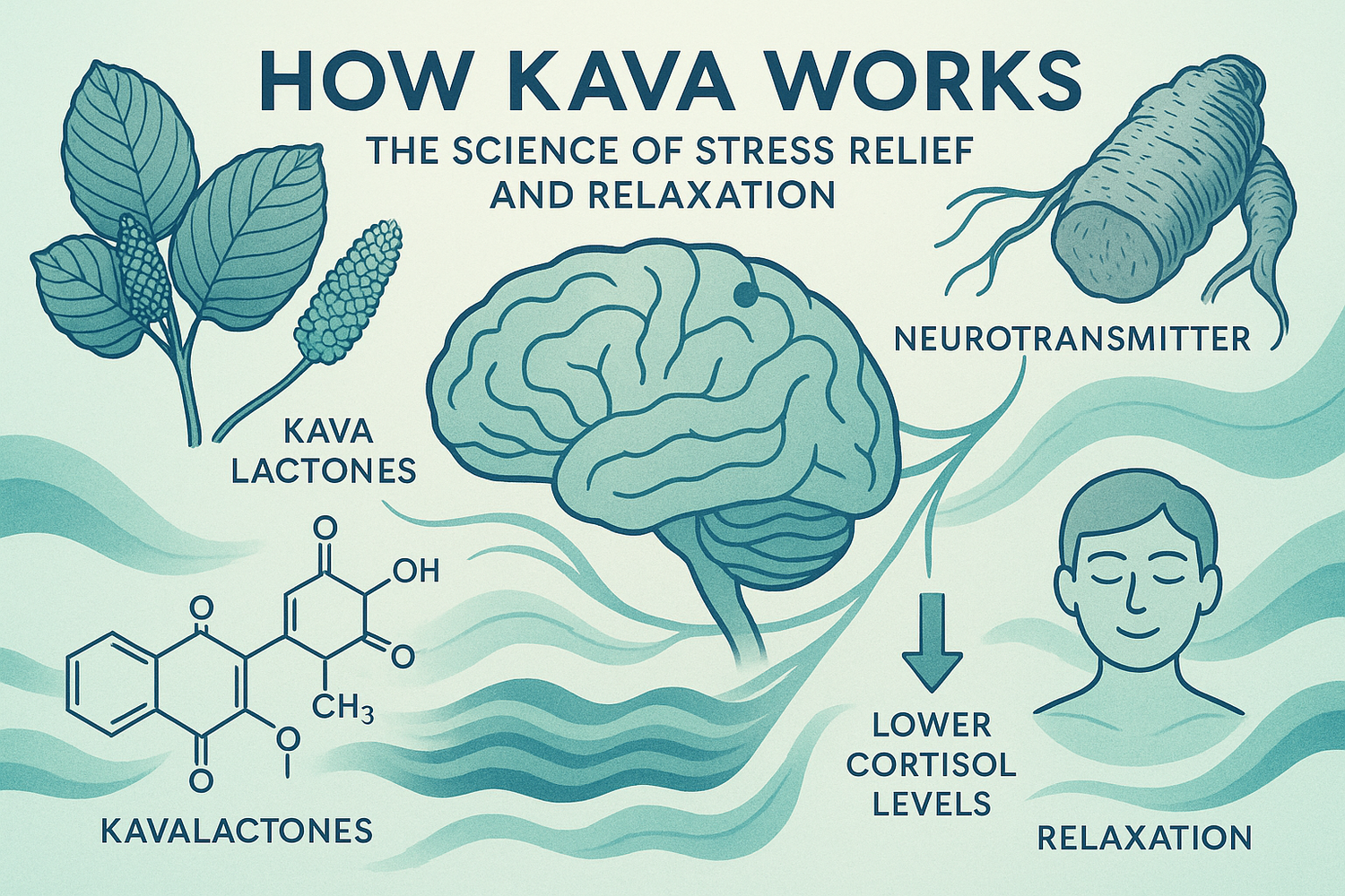 A cup of kava tea with kava roots on a wooden surface, accompanied by subtle stress and relaxation icons, representing the science behind kava’s stress-relieving effects.