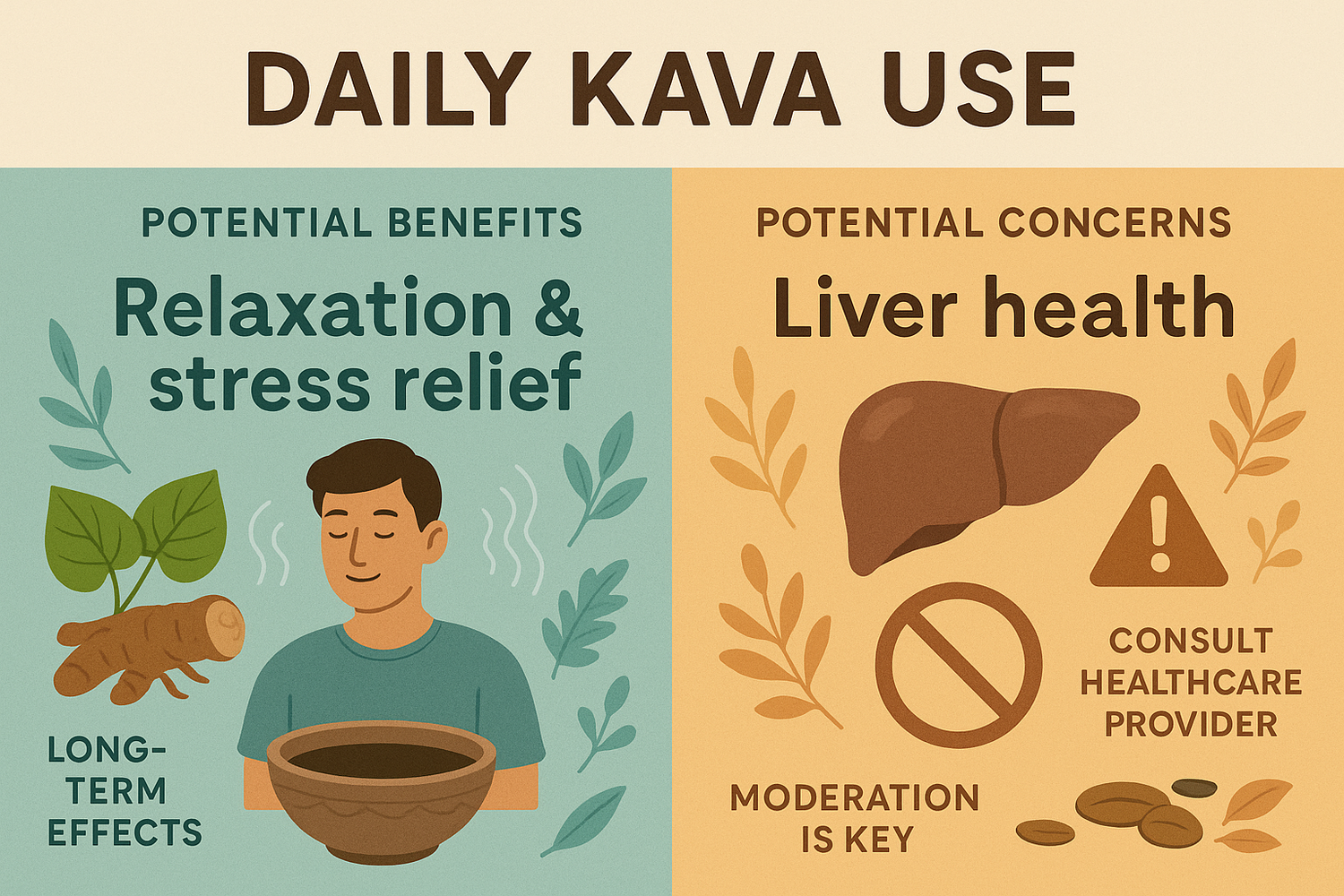 A cup of kava tea with kava roots on a wooden surface, representing considerations and potential effects of daily long-term kava consumption