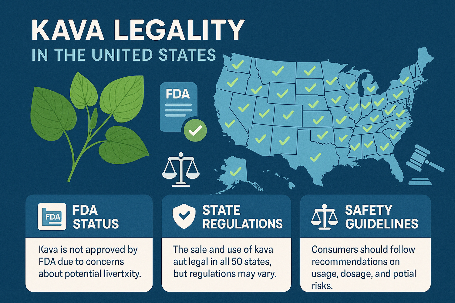 Kava roots, powder, and a cup of kava tea on a wooden surface with a U.S. flag in the background, representing kava’s legality and regulations in the United States