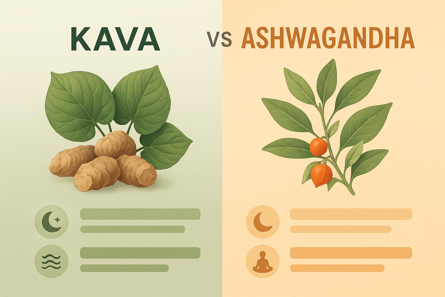 Kava roots and a cup of kava tea alongside Ashwagandha roots and powder on a wooden surface, representing a comparison of the two herbal relaxation methods