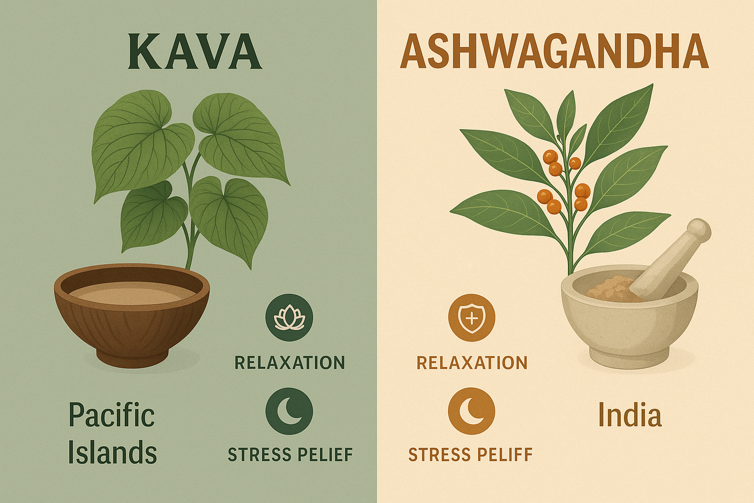 Kava roots and a cup of kava tea alongside Ashwagandha roots and powder on a wooden surface, representing a comparison between the two herbal supplements.