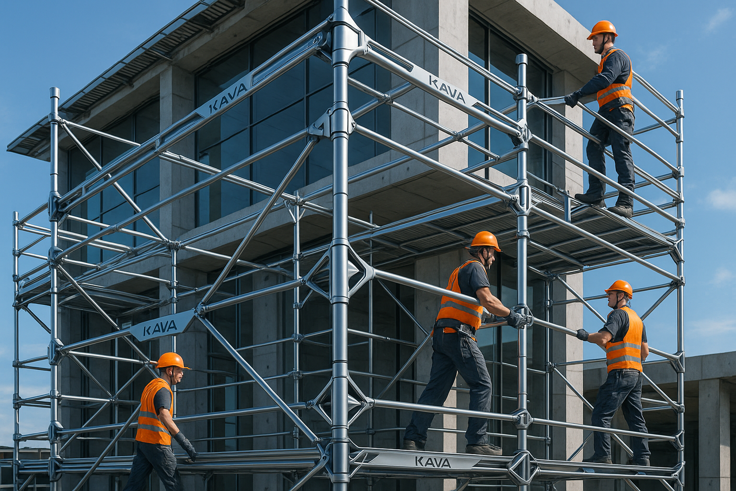 Construction scaffolding at a building site with workers, highlighting innovative techniques or materials, metaphorically linked to Kava as a revolutionary shift.