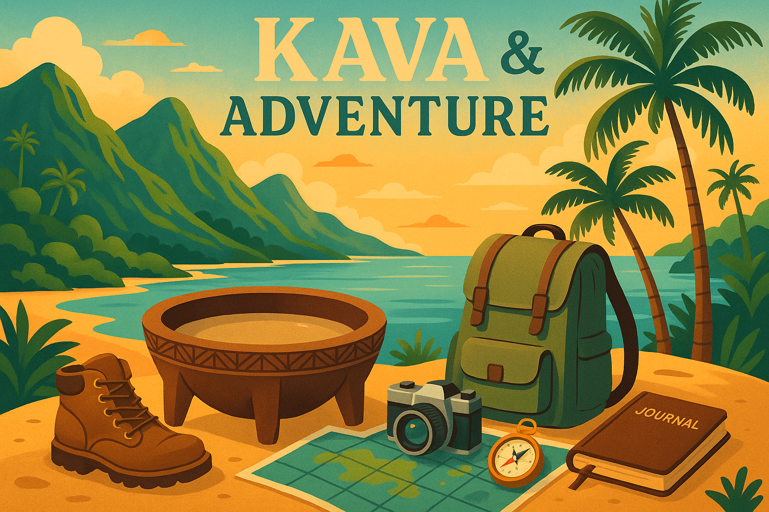 A traveler holding a cup of kava tea with scenic outdoor views in the background, symbolizing kava as a relaxing companion for adventurous trips.