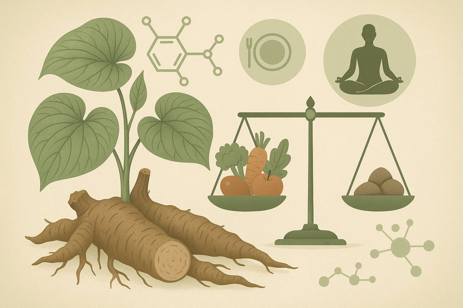 A cup of kava tea with kava roots on a wooden surface, accompanied by subtle icons of appetite and metabolism, representing kava’s potential effects on hunger and weight management.