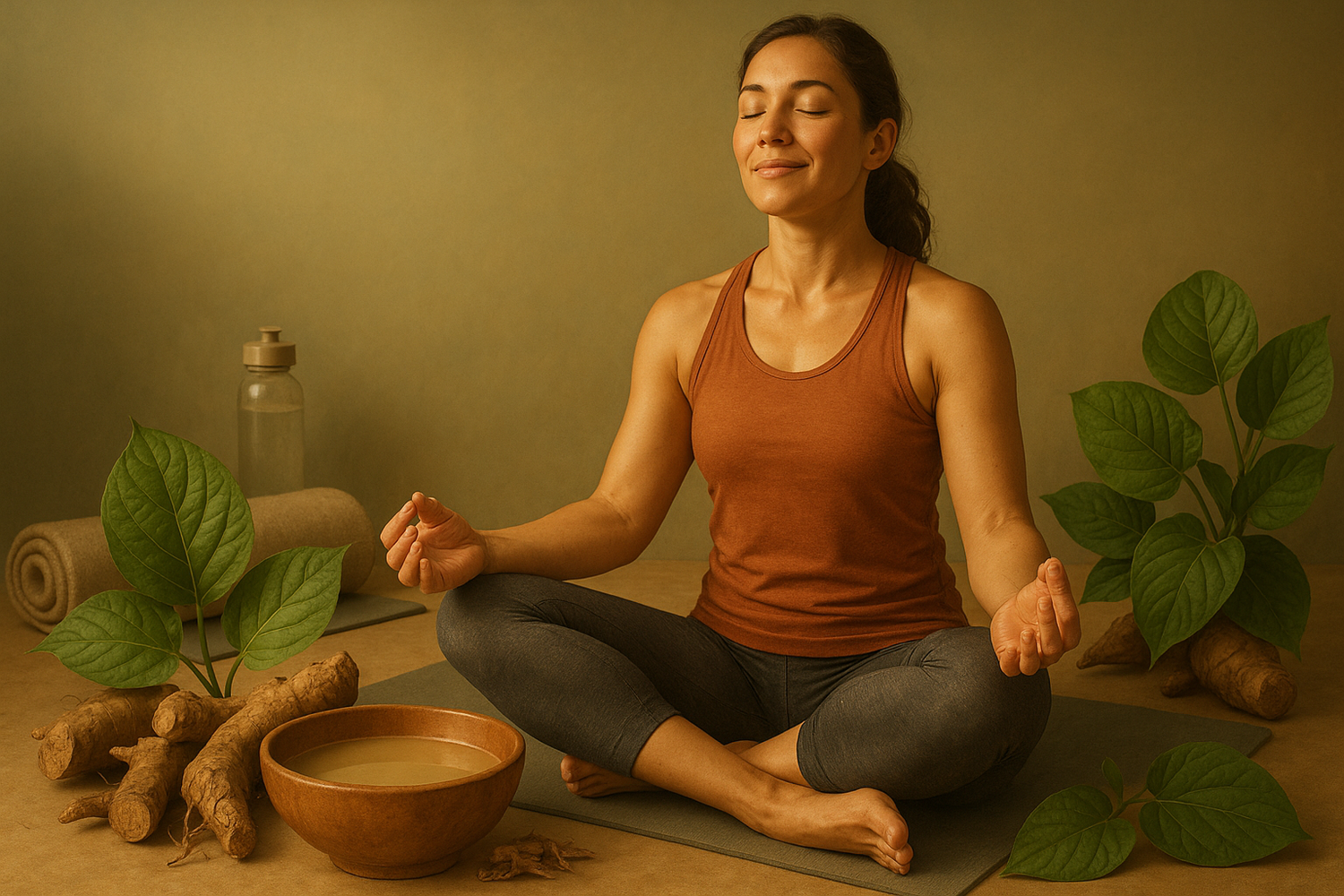 A cup of kava tea with kava roots on a wooden surface next to fitness equipment, representing kava’s role in easing muscle tension and supporting post-workout recovery.