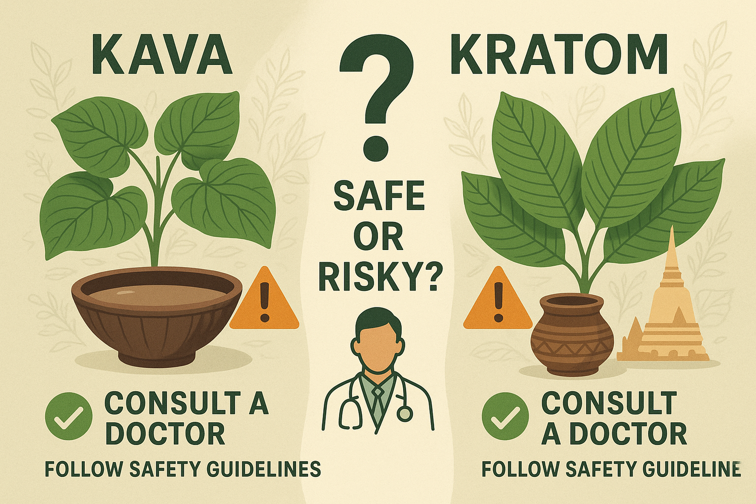 Kava roots and Kratom leaves displayed together on a wooden surface, representing considerations of safety and potential risks when combining the two herbal supplements