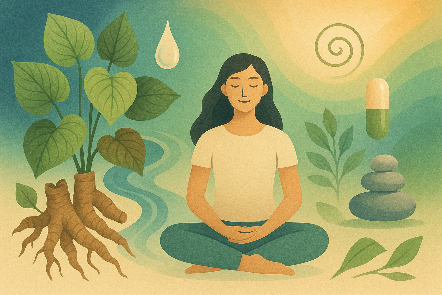 A small cup of kava tea with kava roots and leaves on a wooden surface, representing the concept of microdosing kava for daily stress management and relaxation.