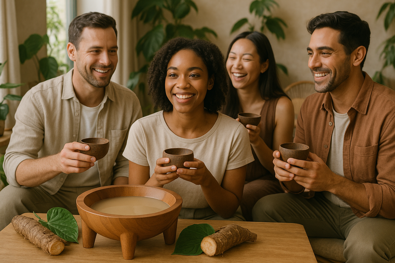 A cup of kava tea on a table in a social setting, representing kava as a popular alternative drink for sobriety movements and the sober curious community.