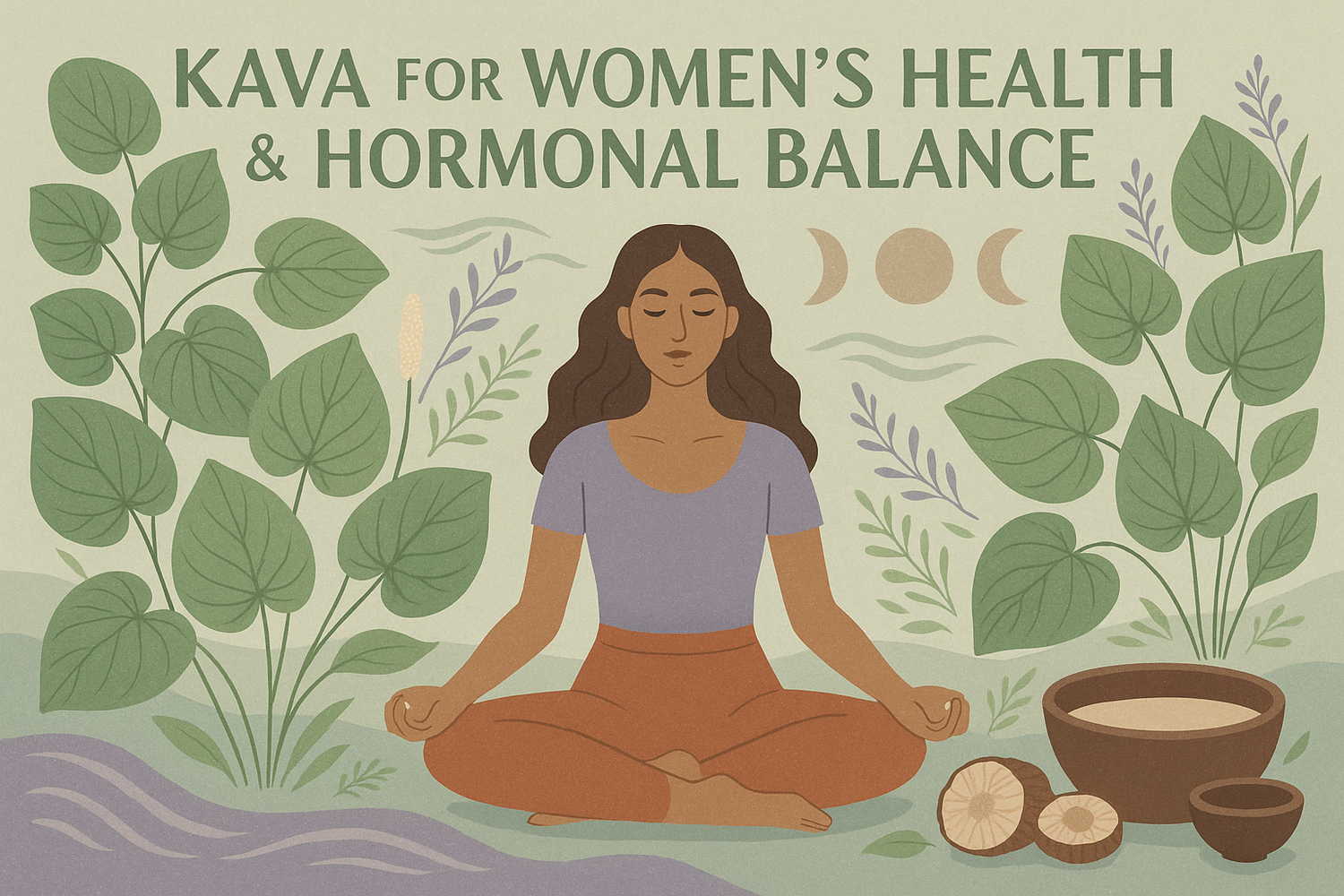 A cup of kava tea with kava roots on a wooden surface, alongside subtle feminine wellness icons, representing kava’s potential benefits for PMS relief and hormonal balance.