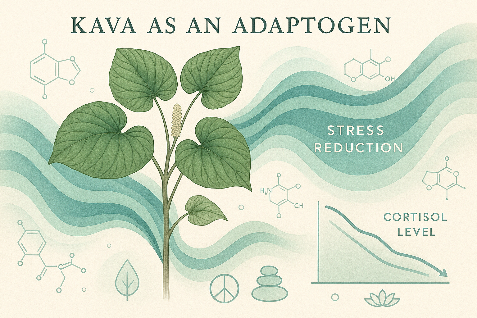 A cup of kava tea with kava roots and leaves on a wooden surface, accompanied by subtle cortisol-related graphics, representing kava's adaptogenic effects on stress response.