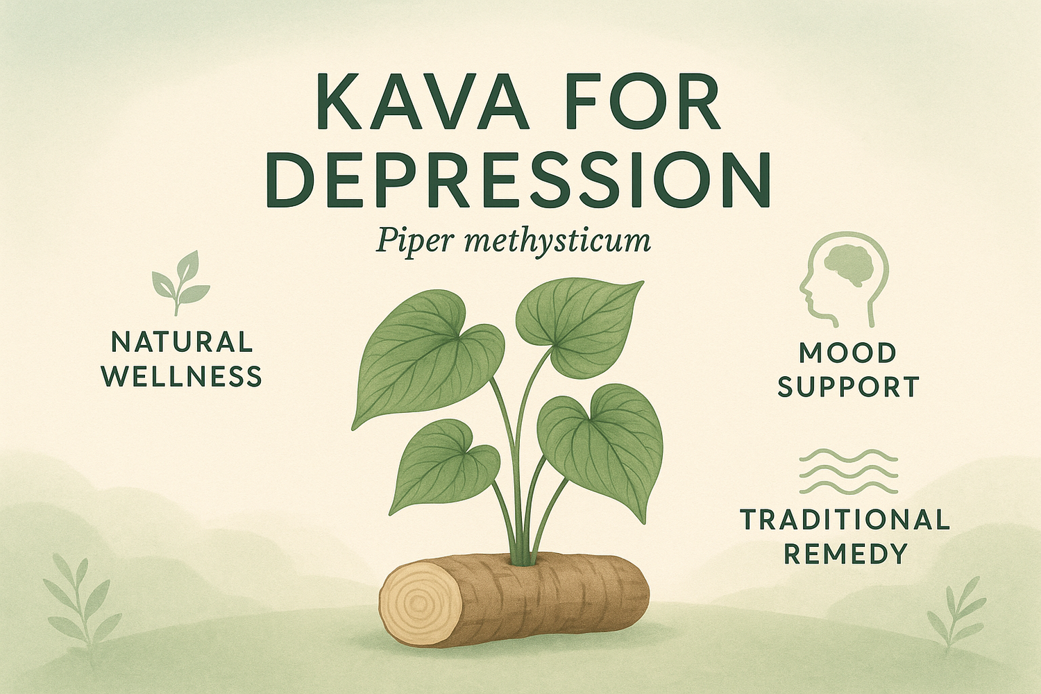 Kava root and tea with calming herbal theme, representing natural options for managing depression