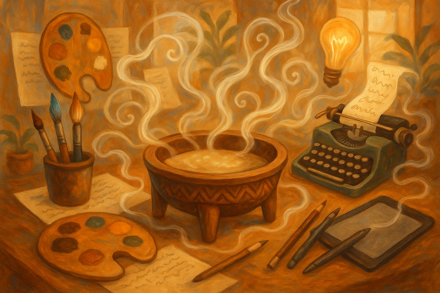 A cup of kava tea on a desk surrounded by art supplies, notebooks, and creative tools, representing kava’s potential support for artists, writers, and innovators.