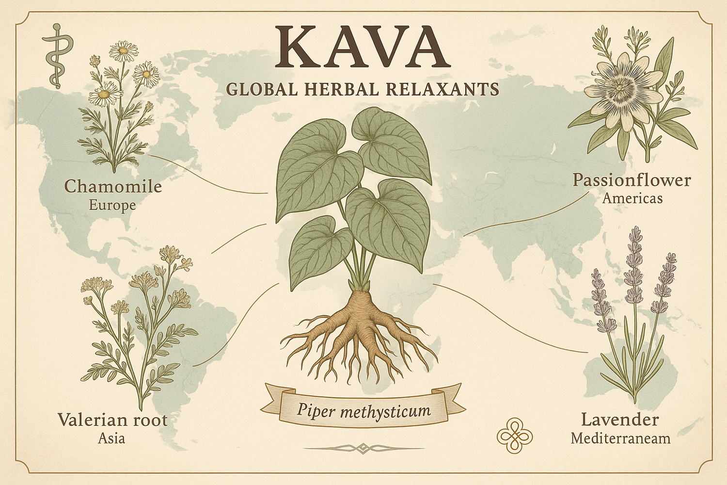 Kava roots, powder, and a cup of kava tea alongside other herbal relaxants on a wooden surface, representing kava’s role in global herbal medicine for relaxation.
