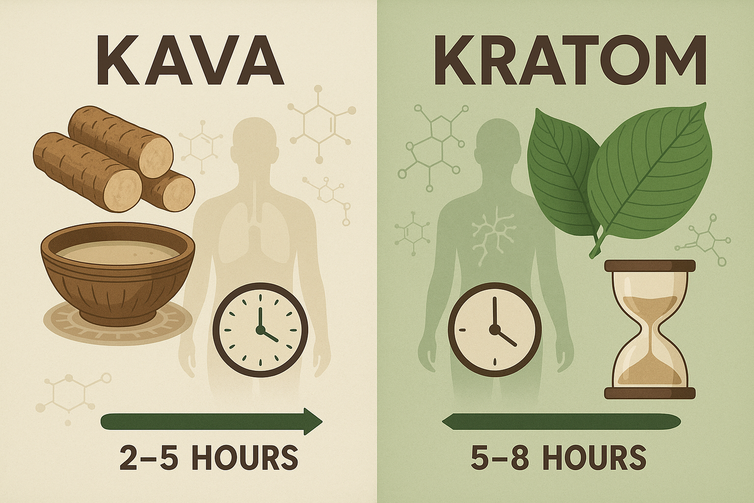 Kava roots and Kratom leaves displayed side by side on a wooden surface with subtle clock icons, representing a comparison of how long each stays in the body