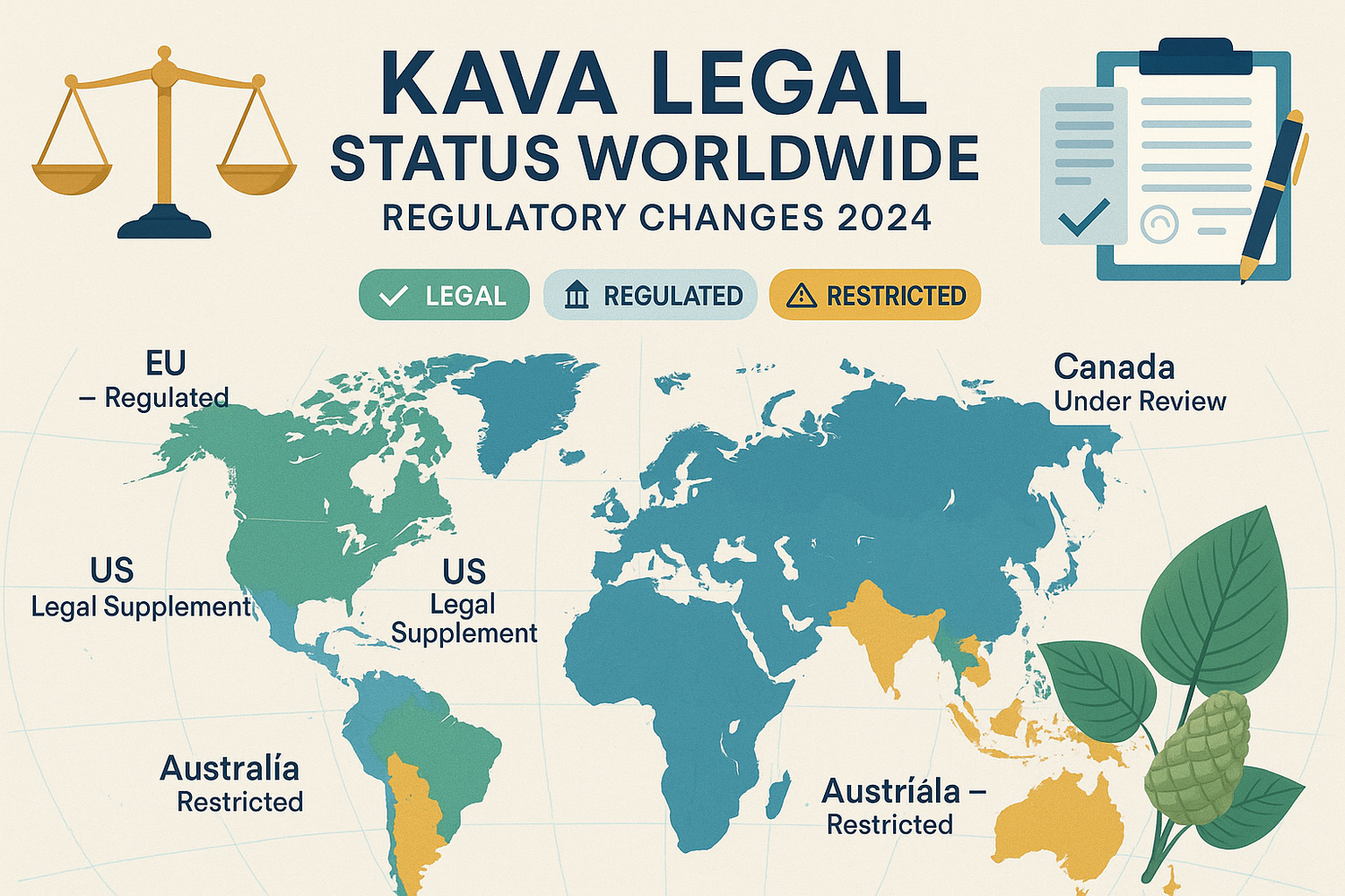 Kava roots, powder, and a cup of kava tea on a wooden surface, with subtle legal and regulatory icons, representing the global legal status and evolving regulations affecting the kava market.