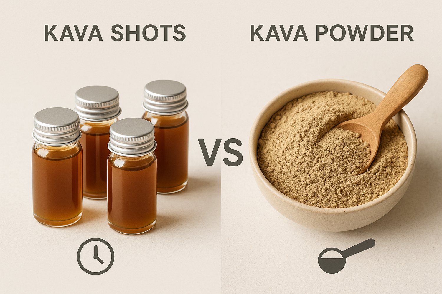 Kava shots in small bottles alongside kava powder and a prepared kava drink on a wooden surface, representing a comparison of effectiveness between kava shots and powder