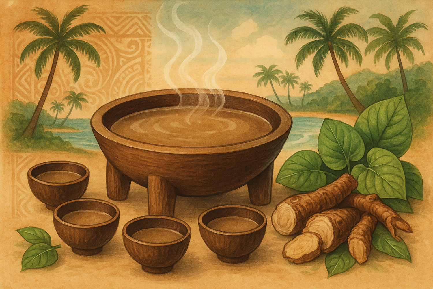 A cup of kava tea with kava roots and leaves arranged on a wooden surface, representing the calming herbal drink and its traditional use.
