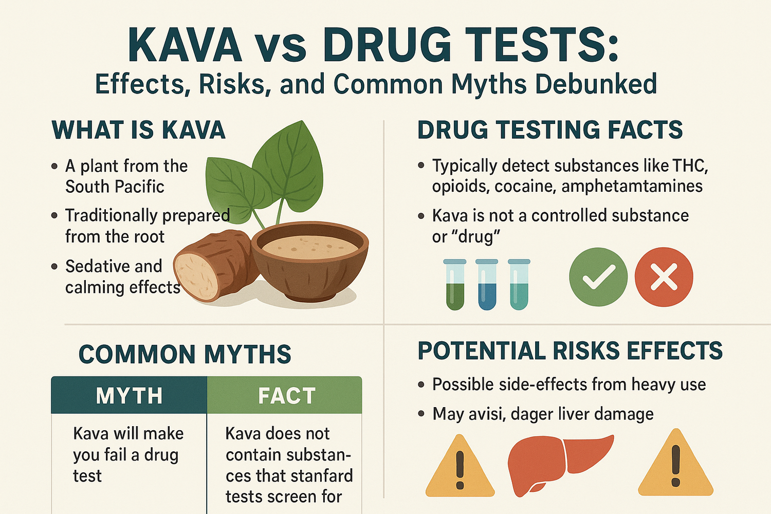 A cup of kava tea with kava roots on a wooden surface, alongside a drug test kit, representing the effects, risks, and myths of kava related to drug testing